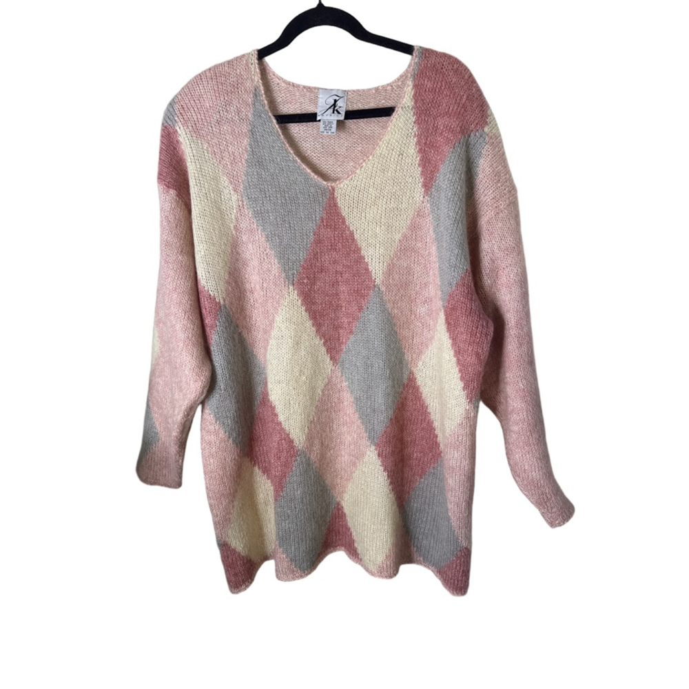 JK America V-Neck Sweater, Size 26, Pink and Gray